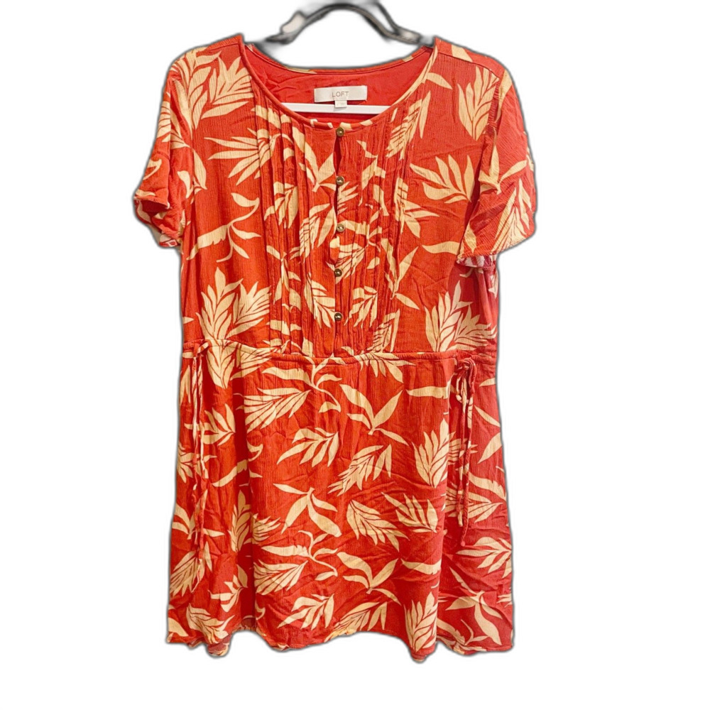 Loft Orange Red Floral Button Front Sundress L Lined Short Sleeve Casual Boho